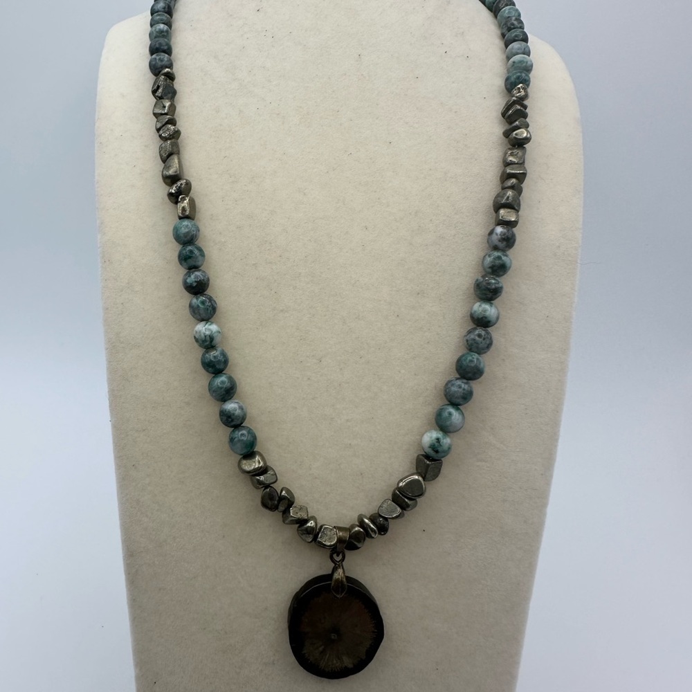 Pyrite and Jade Beaded Necklace with Pyrite Sun Pendant - Picture 6 of 12